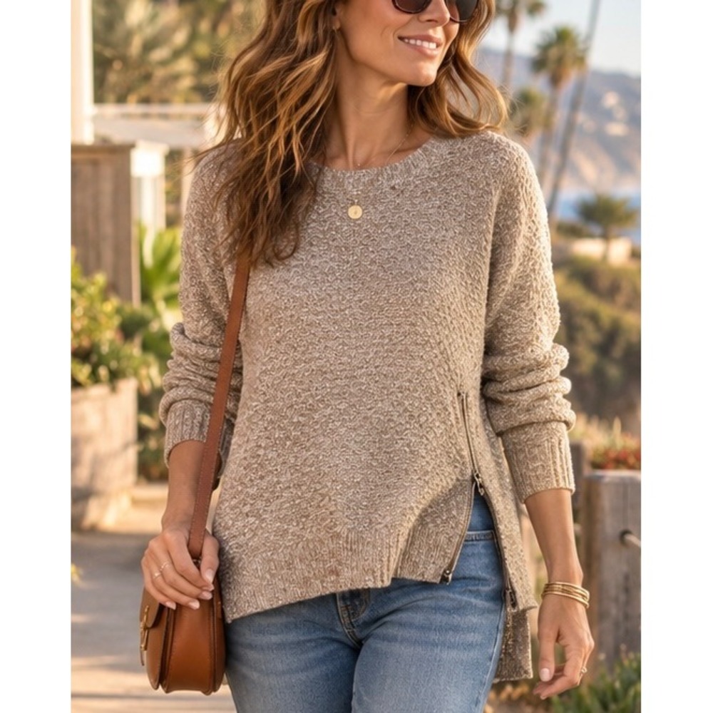 Madewell Landmark Texture Sweater Small Marled Umber Side Zip High Low Casual